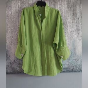Fridaze 100% Linen Lageenlook Green Boho Oversized  Shirt Sz-XL